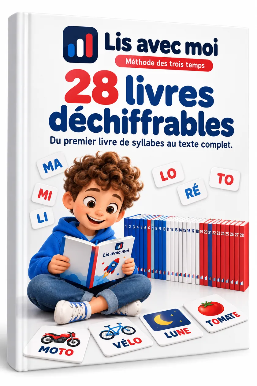 Couverture des 28 livres déchiffrables, avec un enfant qui lit et la collection à côté