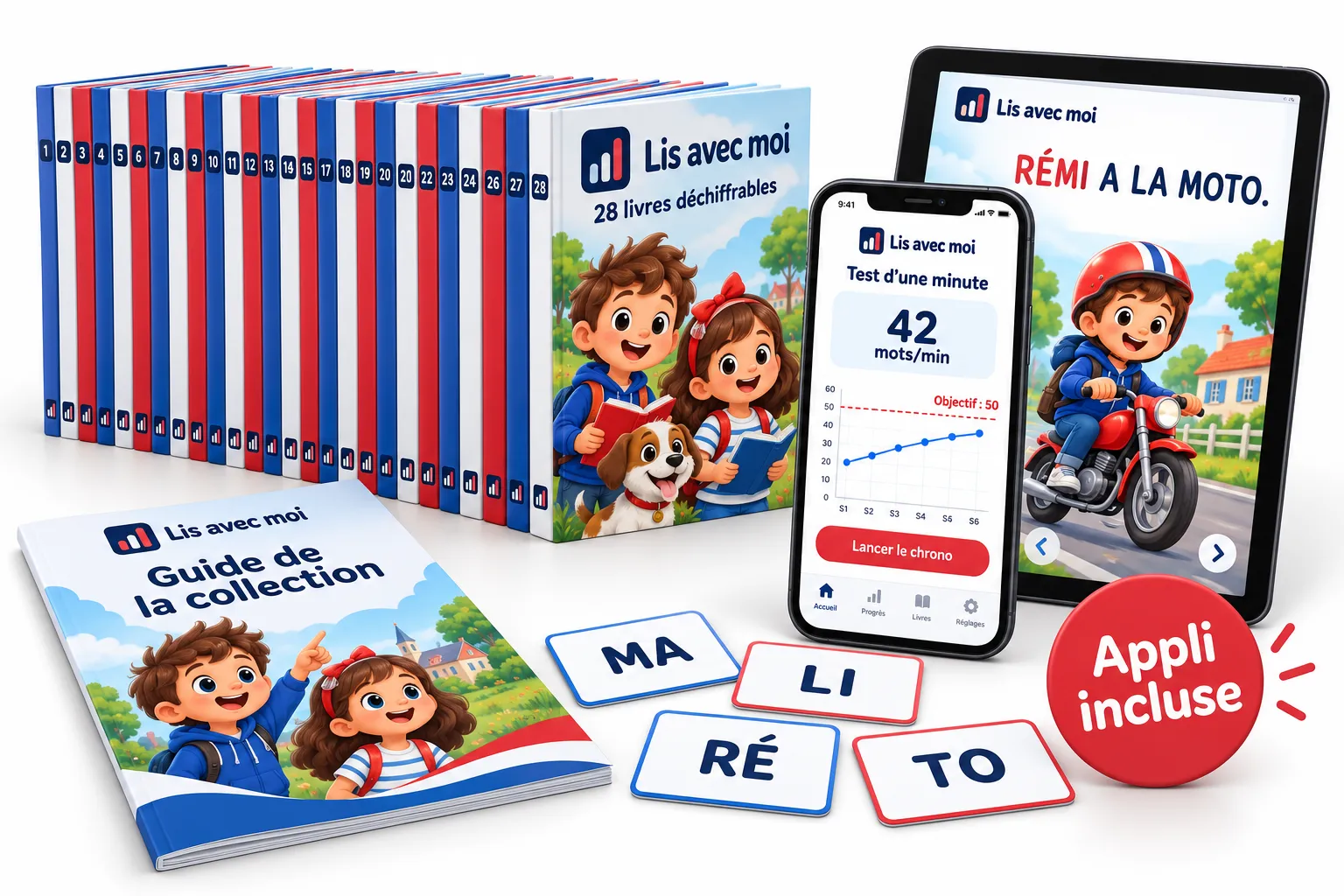 Les 28 livres déchiffrables Lis avec moi, le guide, des cartes de syllabes et l'appli sur téléphone avec le test d'une minute